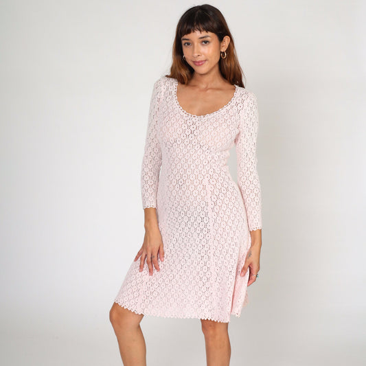 70s Pink Crochet Knee-Length Dress Long Sleeve Scoop Neck Small