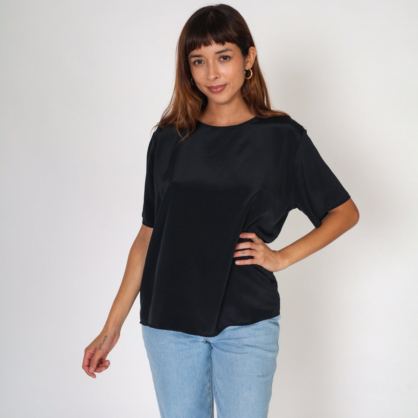 90s Bobbie and Brooks Black Blouse Keyhole Back Short Sleeve Large