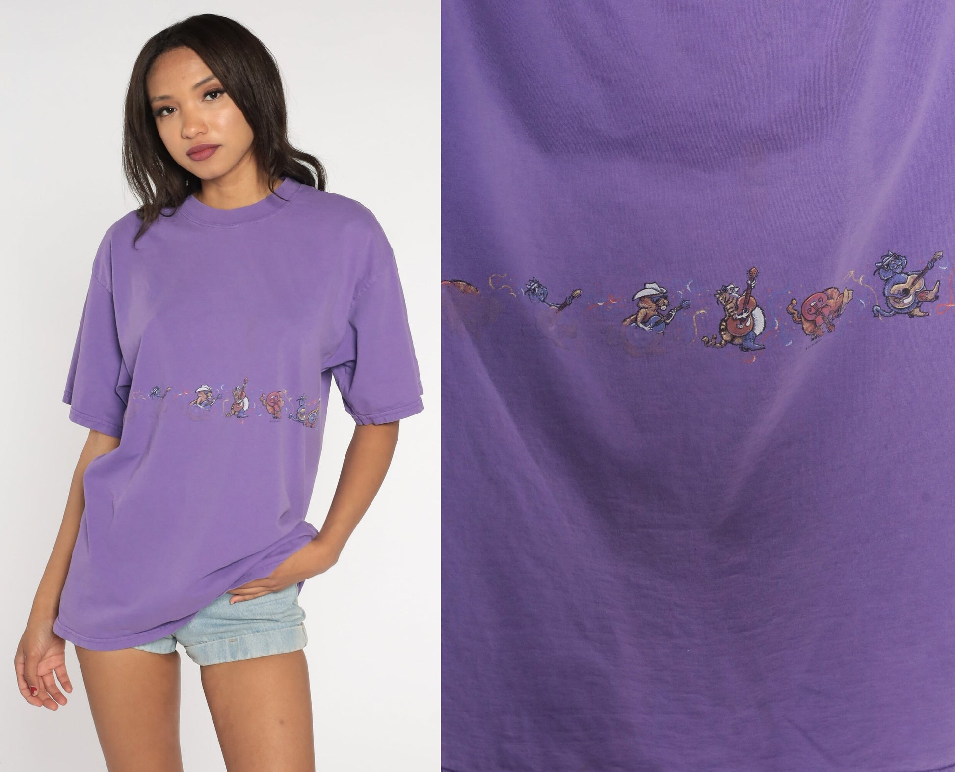 90s Cat Country Band Graphic T-Shirt Purple Cotton Tee Medium Large