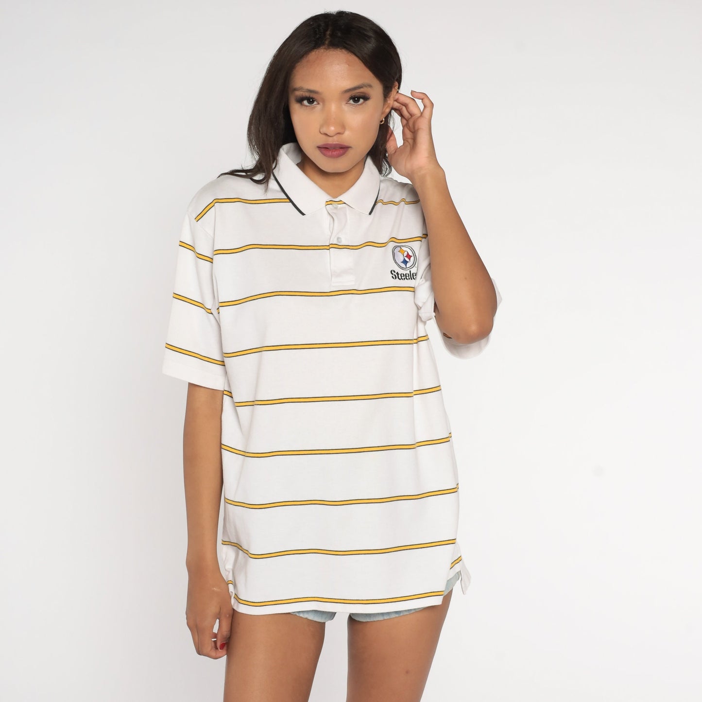 90s Pittsburgh Steelers Polo Shirt White Yellow Striped NFL Logo Extra Large XL