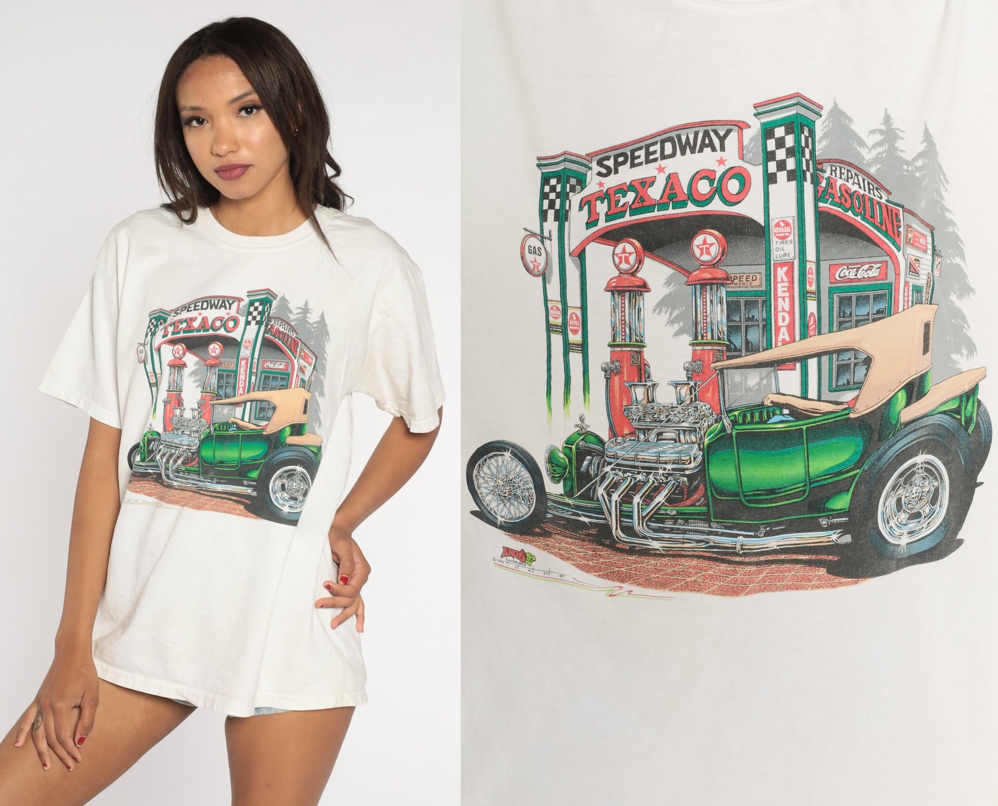 00s Texaco Classic Car Graphic T-Shirt White Cotton Tee Large L