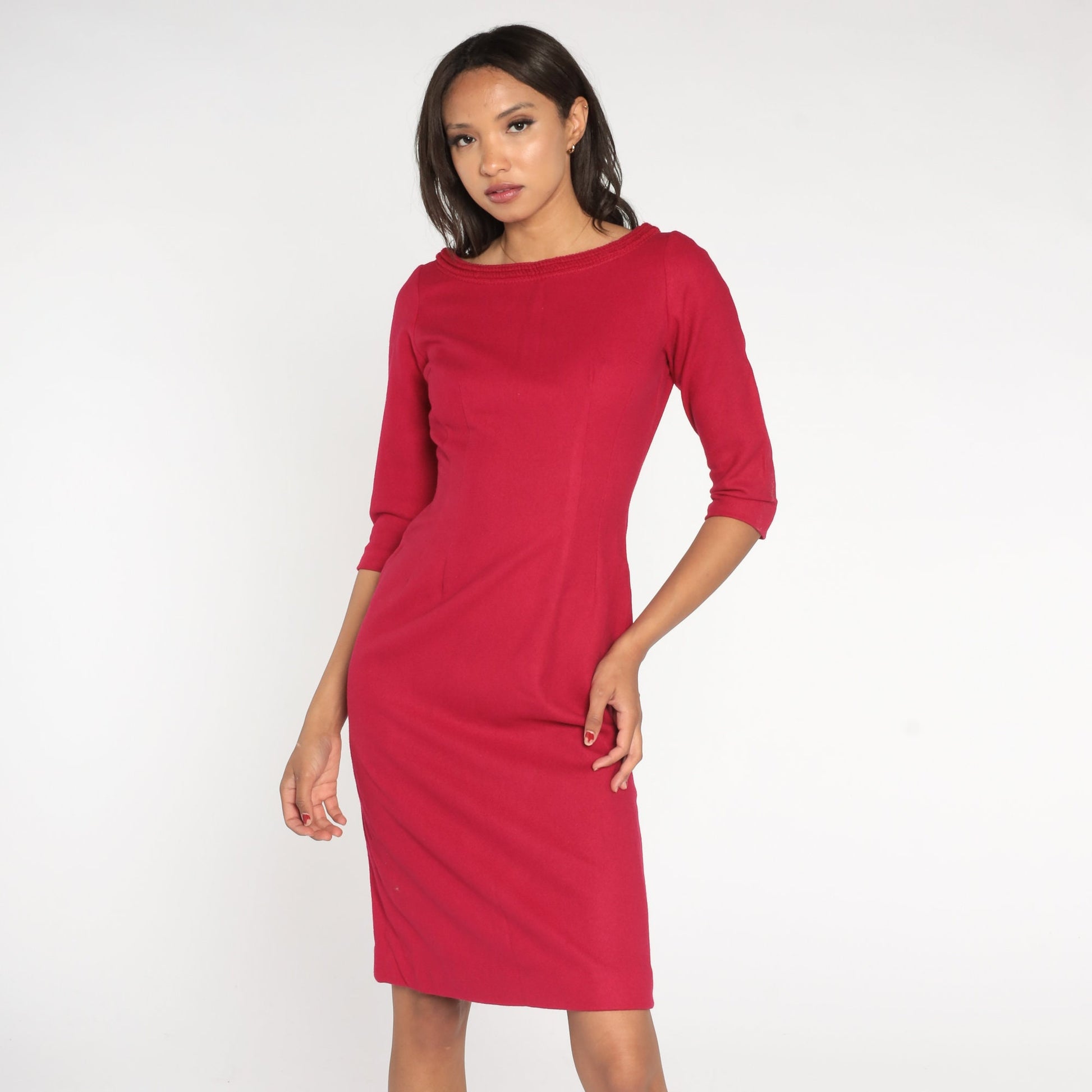 1960s Berry Wool Pencil Dress High Waist 3/4 Sleeve Knee Length Small