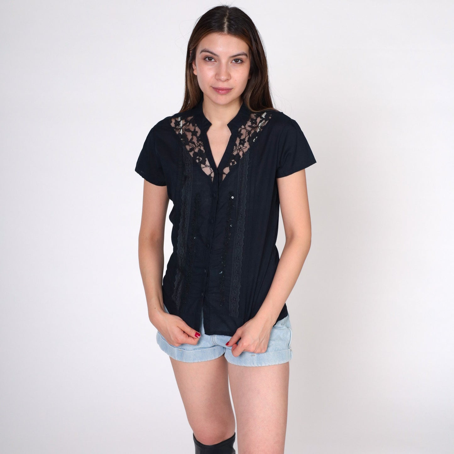 00s Black Lace Beaded Sequin Button-Up Blouse V-Neck Short Sleeve Small