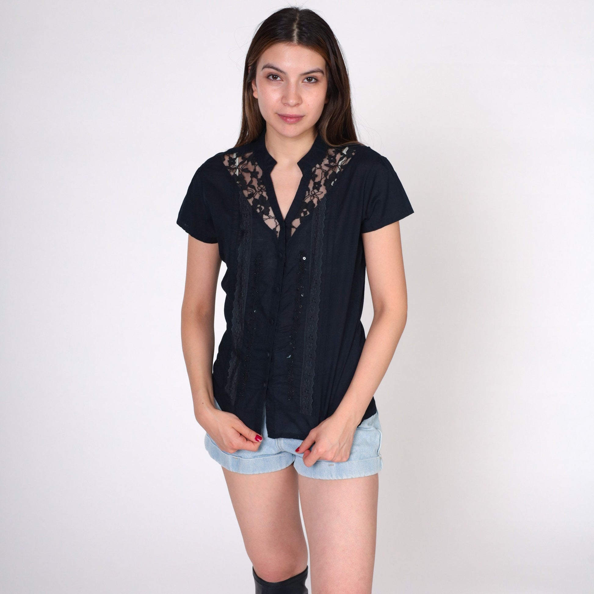 00s Black Lace Beaded Sequin Button-Up Blouse V-Neck Short Sleeve Small