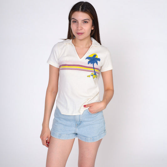 80s Ocean Pacific Tropical Palm Tree Graphic T-Shirt Off-White V-Neck Extra Small