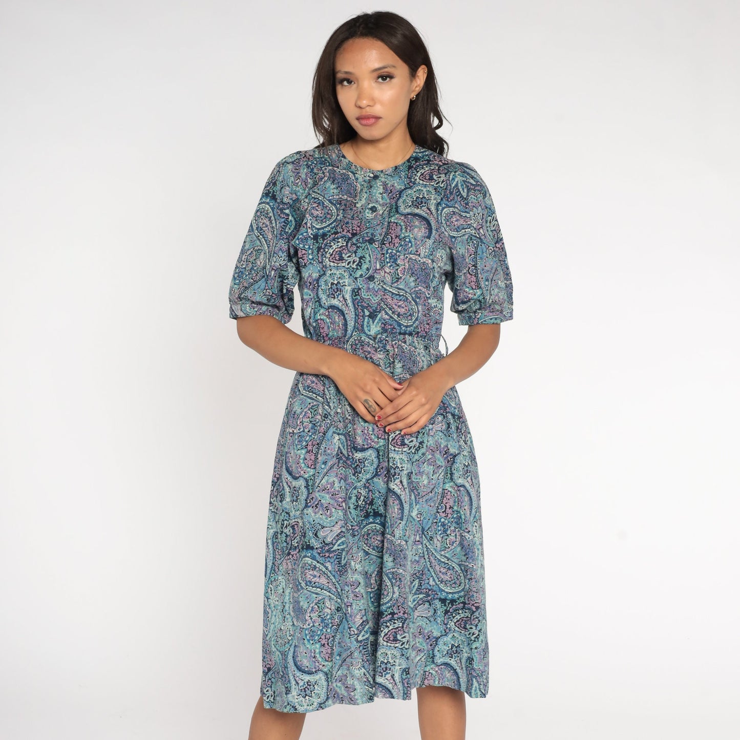 80s Blue Paisley Midi Shirtwaist Dress High Waisted Pleated Short Sleeve Medium