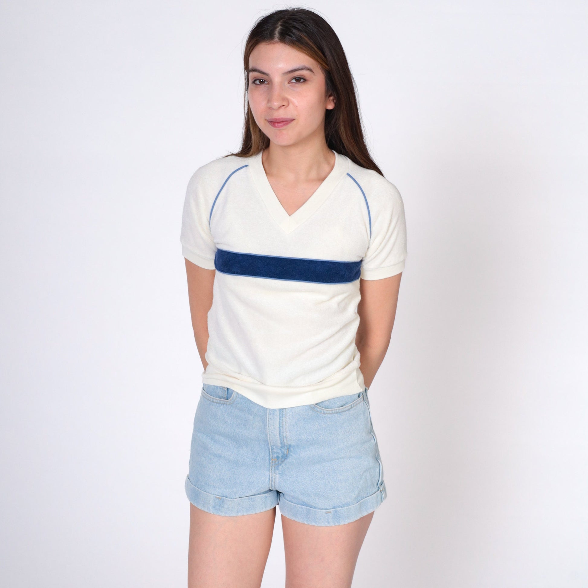 80s Mervyn's Terry Cloth V-Neck Raglan Tee Off-White Navy Stripe Extra Small