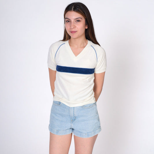 80s Mervyn's Terry Cloth V-Neck Raglan Tee Off-White Navy Stripe Extra Small