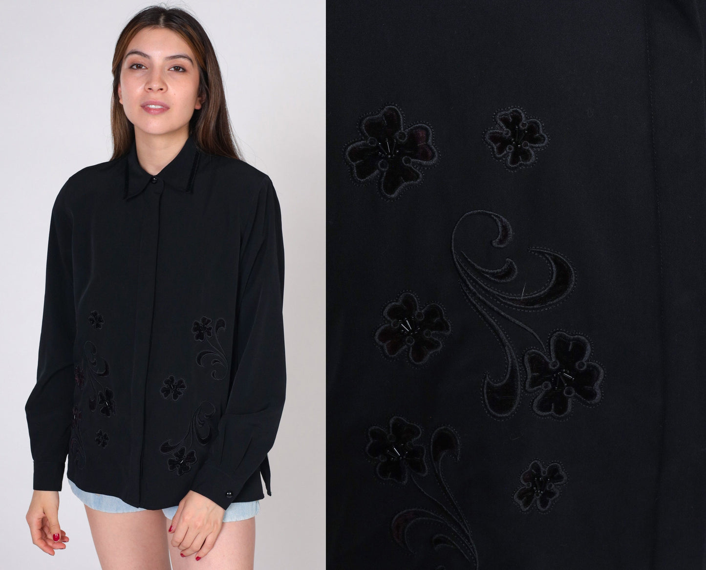 90s Alfred Dunner Black Velvet Floral Beaded Button-Up Blouse Medium