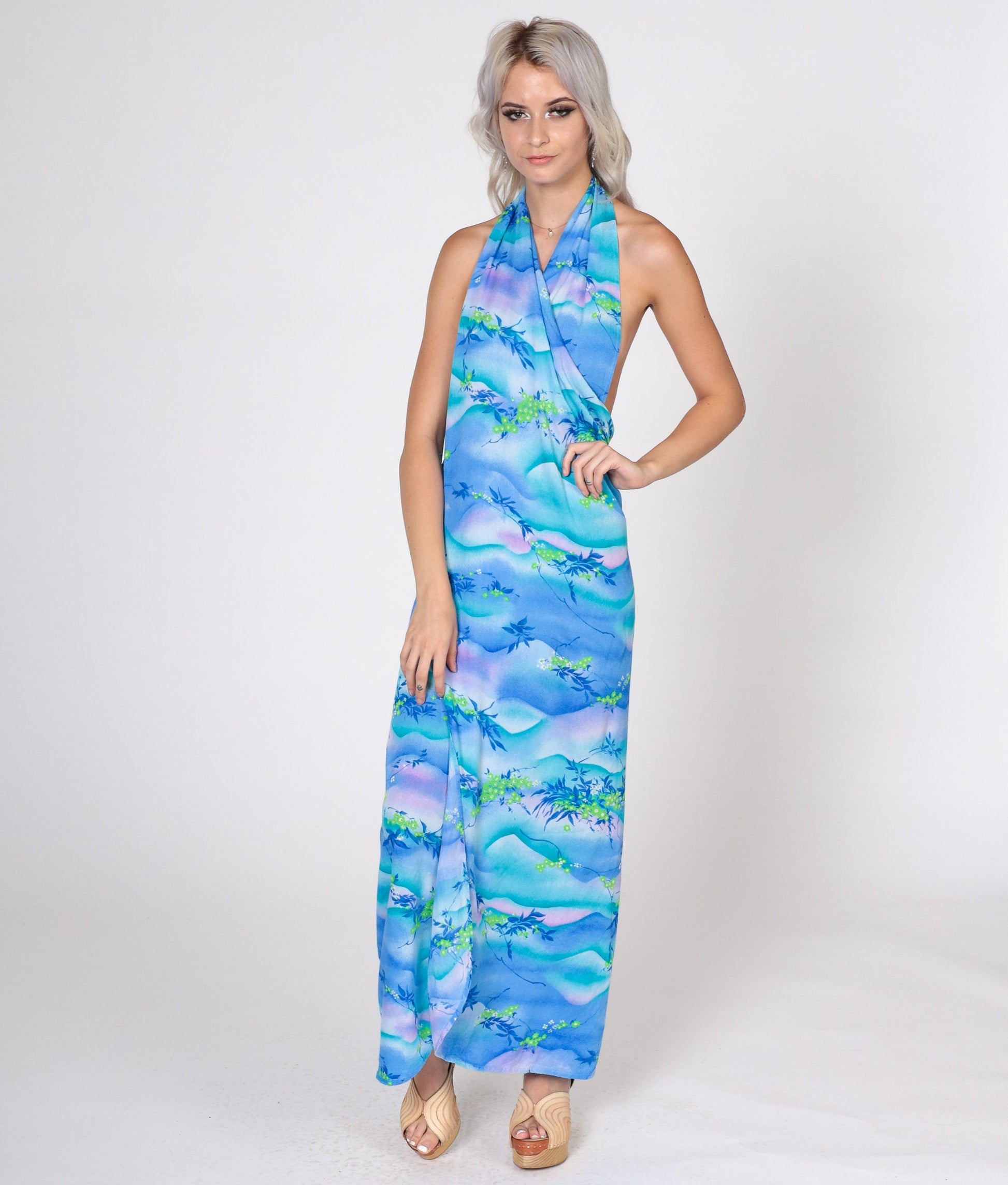 70s Blue Floral Halter Wrap Dress V-Neck Maxi Sundress Small Medium