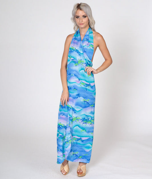 70s Blue Floral Halter Wrap Dress V-Neck Maxi Sundress Small Medium