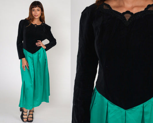 80s Susan Bristol Velvet Maxi Dress Black Green Basque Waist Long Sleeve Medium
