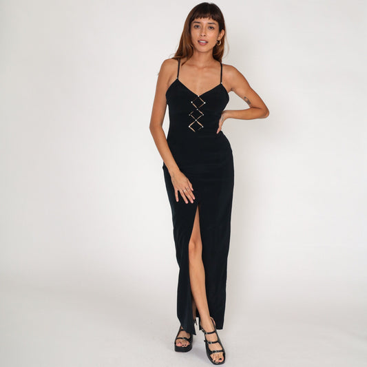 90s Black Maxi Dress Rhinestone Cutout High Slit Sleeveless Evening Gown Extra Small XS
