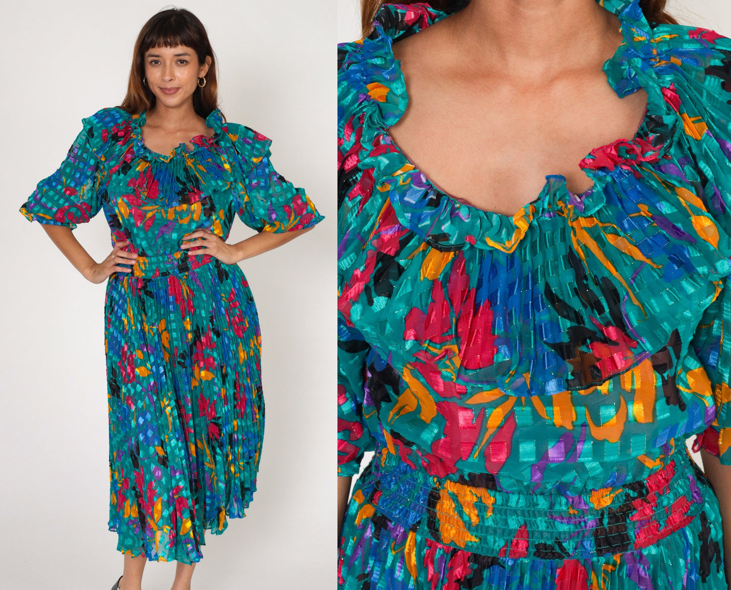 80s Green Floral Midi Dress High Waisted Ruffled Neckline Pleated Small