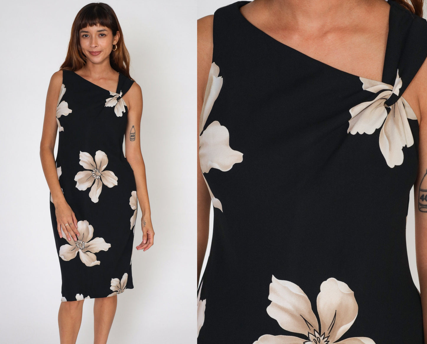 90s Black Floral Dress Asymmetrical Neckline Sleeveless Knee Length Large L