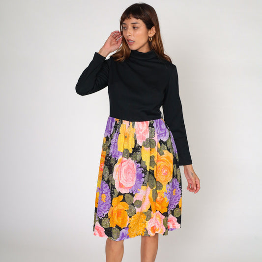 70s Metallic Floral Midi Dress Black Turtleneck Long Sleeve High Waisted Medium