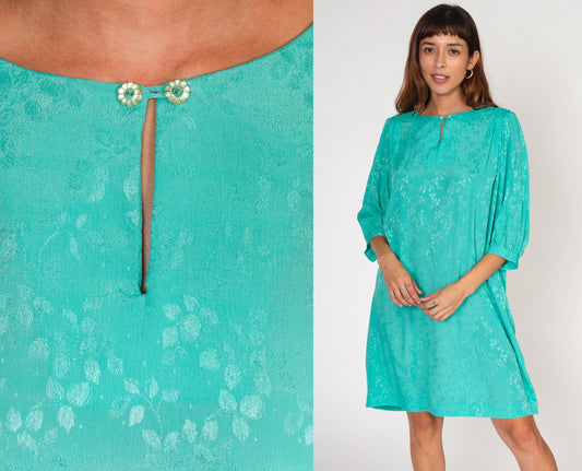 80s Green Embossed Leaf Mini Dress Puff Sleeve Pleated Shift Extra Large XXL