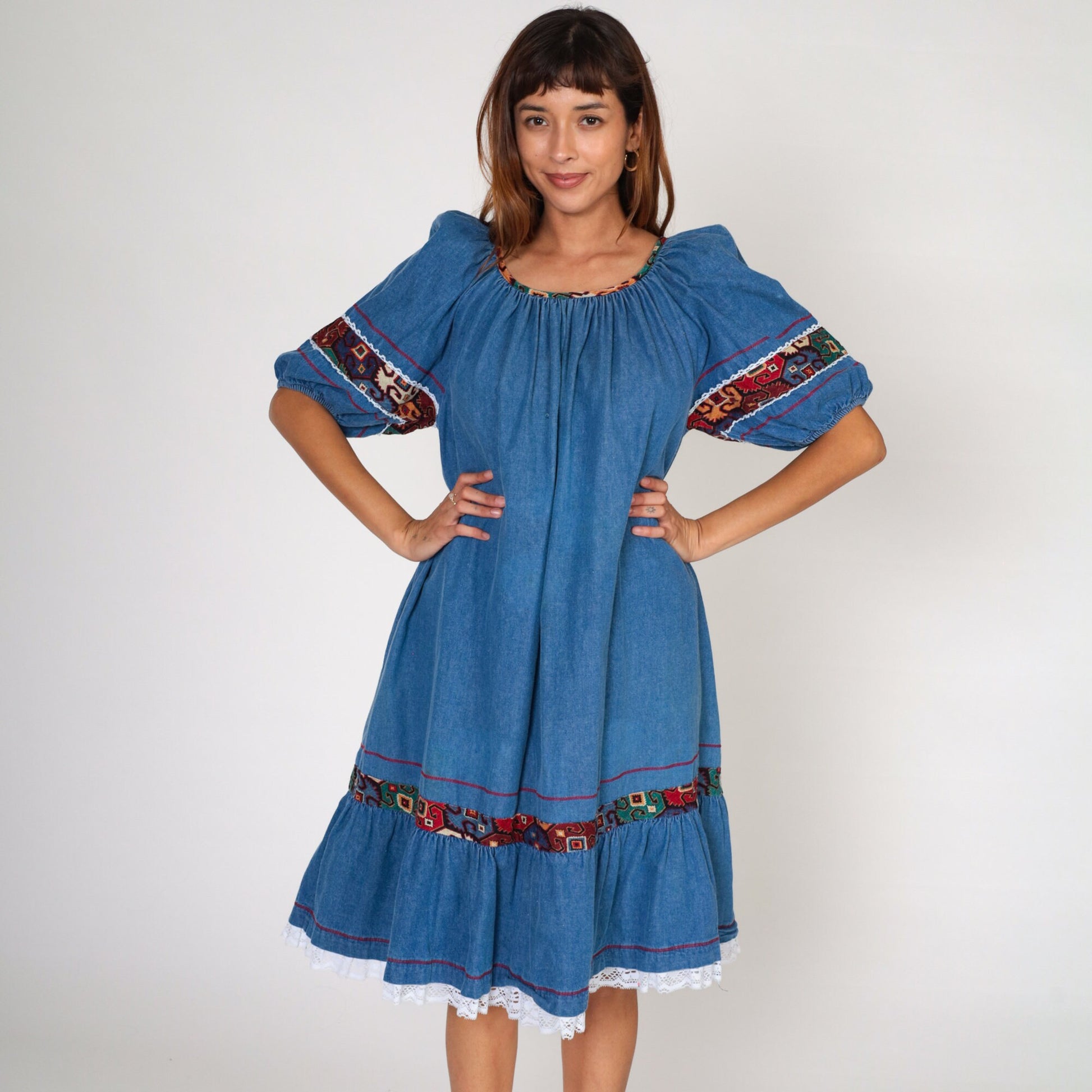 80s Appel Denim Midi Dress Puff Sleeve Southwestern Lace Trim Blue Medium