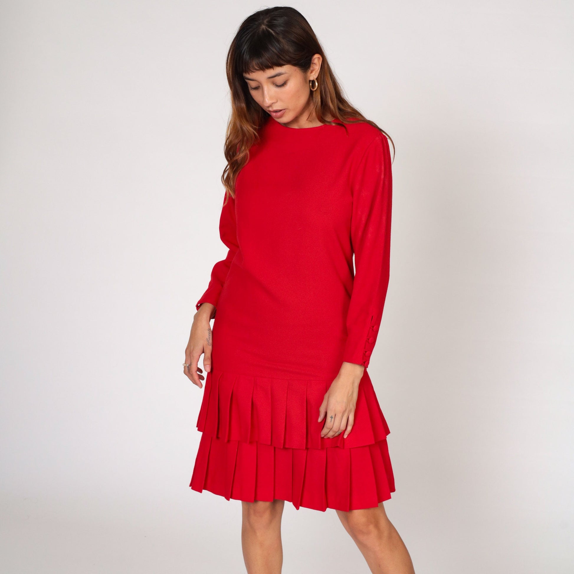 90s Red Mini Dress Drop Waist Pleated Tiered Long Sleeve Shift Small S