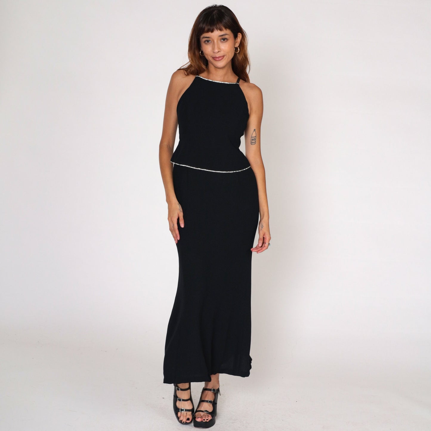 90s Jones New York Black Maxi Dress Rhinestone Racerback Spaghetti Strap Small