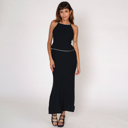 90s Jones New York Black Maxi Dress Rhinestone Racerback Spaghetti Strap Small