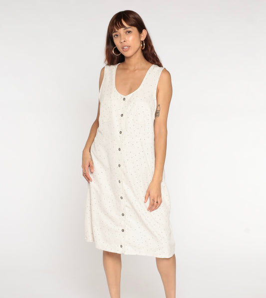 90s Confetti Jumper Dress Off-White Midi Button-Up Sleeveless Extra Large XXL