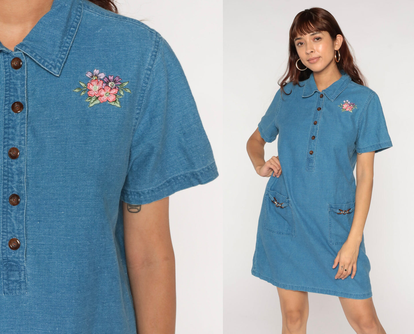 90s Blue Chambray Mini Dress Floral Embroidered Button Up Short Sleeve Medium