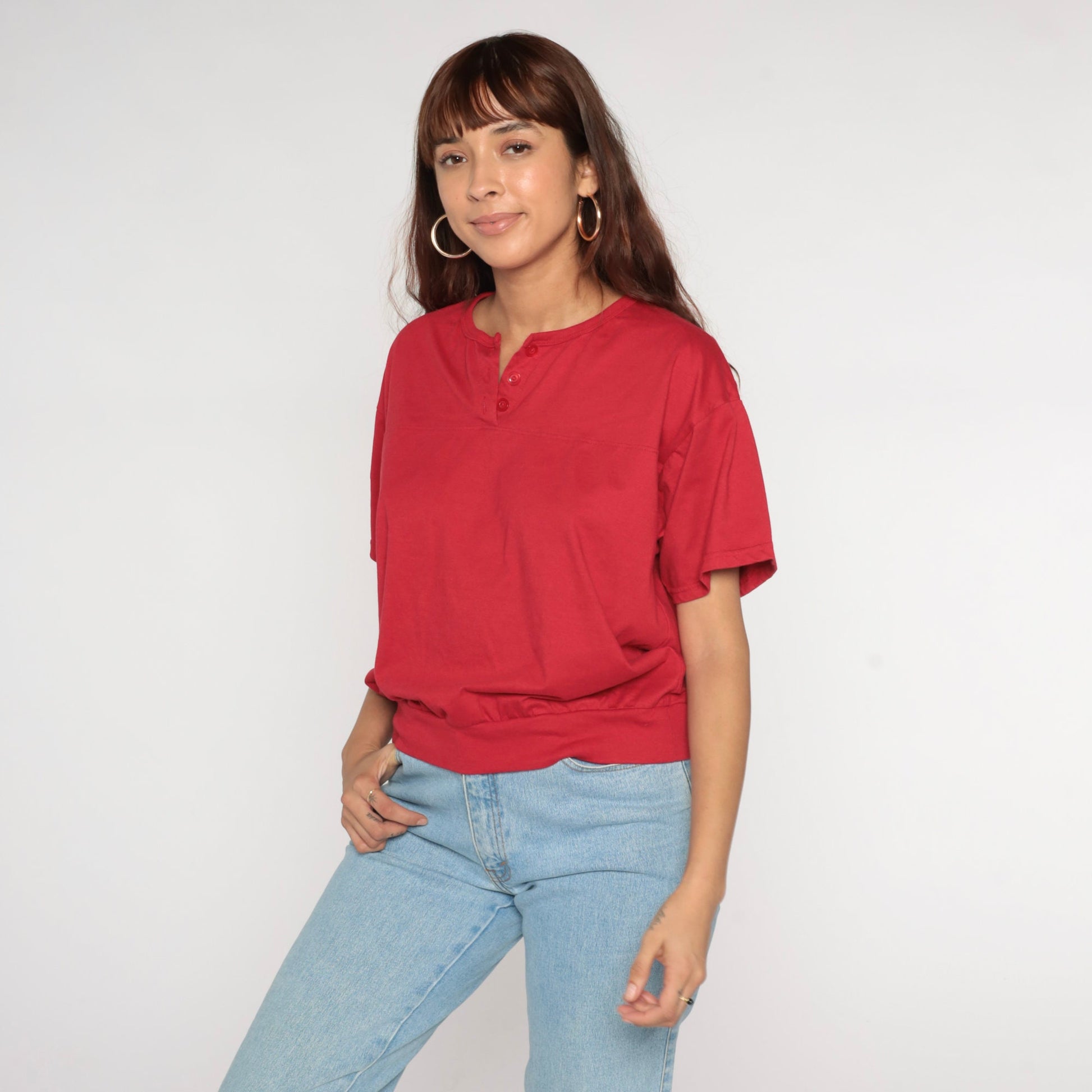90s Red Henley Shirt Short Sleeve Banded Hem Extra Large XL