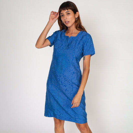 60s Blue Embossed Floral Shift Mini Dress Short Sleeve Small