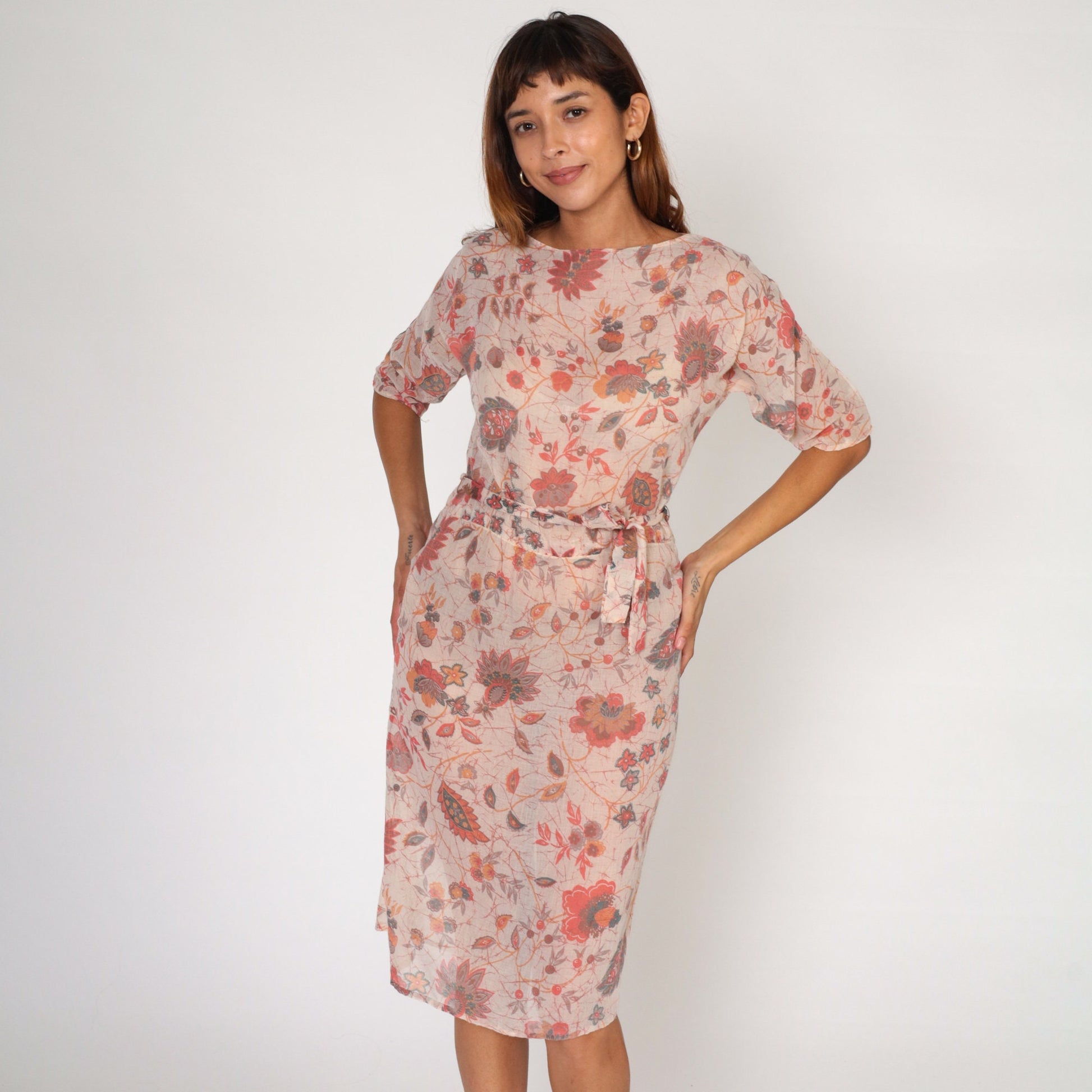 70s Pink Floral Midi Dress High Waisted Cotton Keyhole Back Small