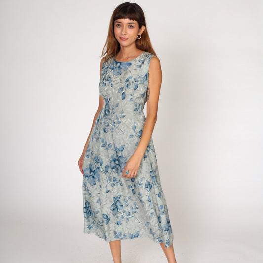 00s Fashion Bug Floral Midi Dress Grey Blue Embossed Leaf Sleeveless Medium 10