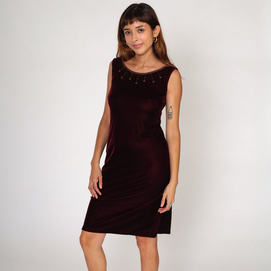 90s Burgundy Velvet Mini Dress Beaded Neckline Sleeveless Sheath Small S