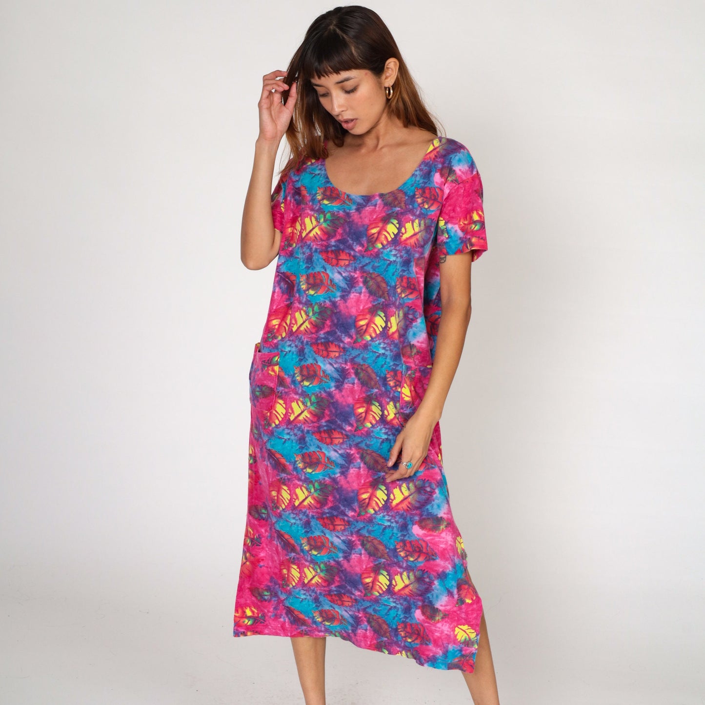 90s Tie Dye Leaf Print T-Shirt Dress Shift Cut Pockets Large