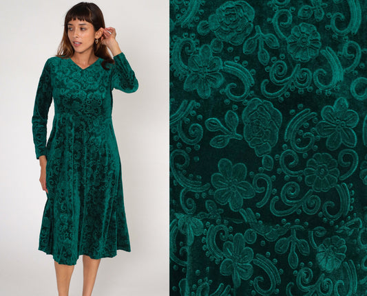 90s Green Floral Velvet Mini Dress Empire Waist Long Sleeve Medium Large