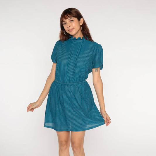 70s Teal Pinstripe Mini Dress Puff Sleeve High Waisted Belt Ruffle Neckline Medium