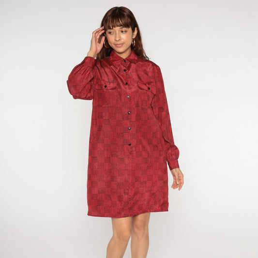 80s Red Black Checkered Mini Shirtdress Button Up Collar Long Sleeve Medium