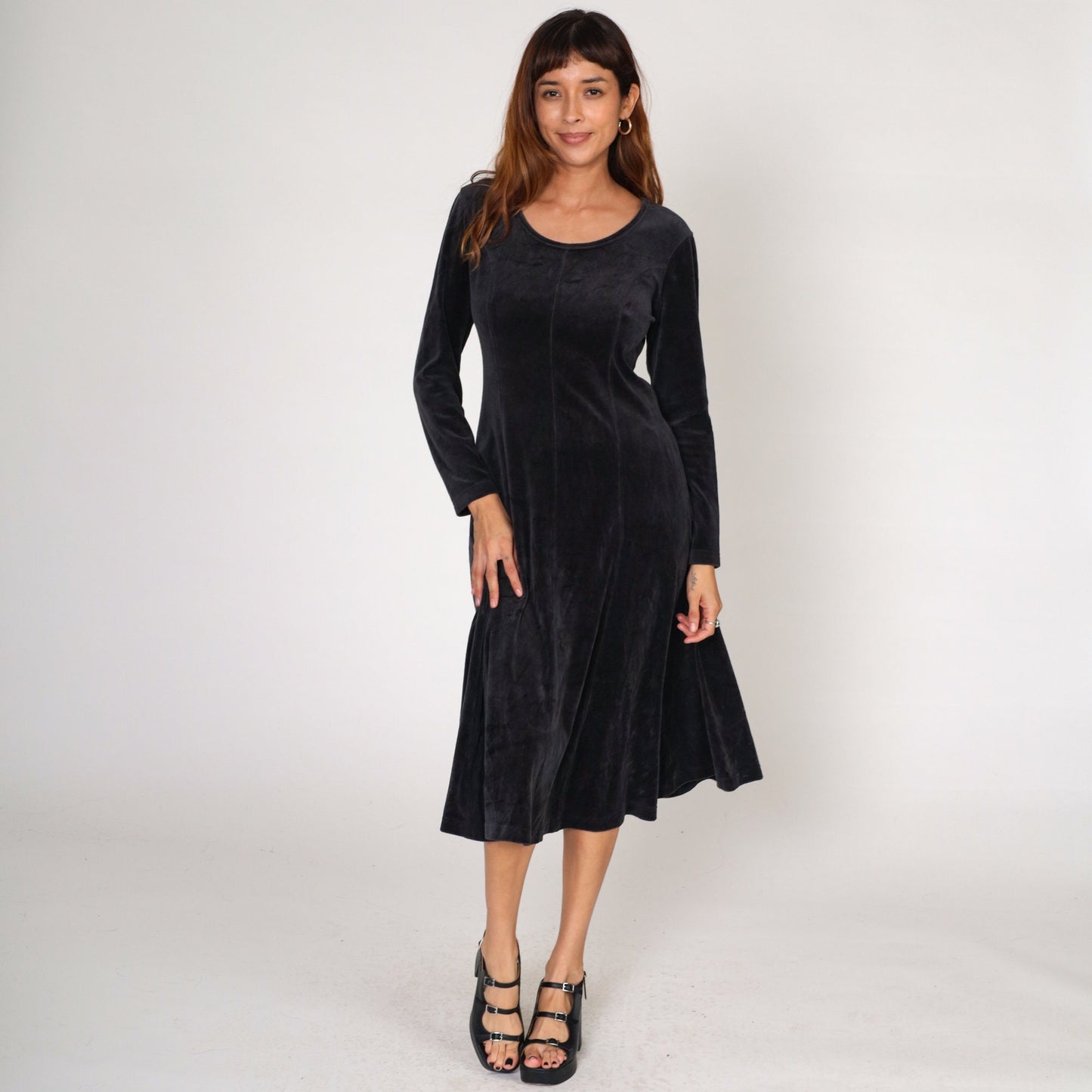 Y2K Black Velour Midi Dress Long Sleeve Princess Seam Small