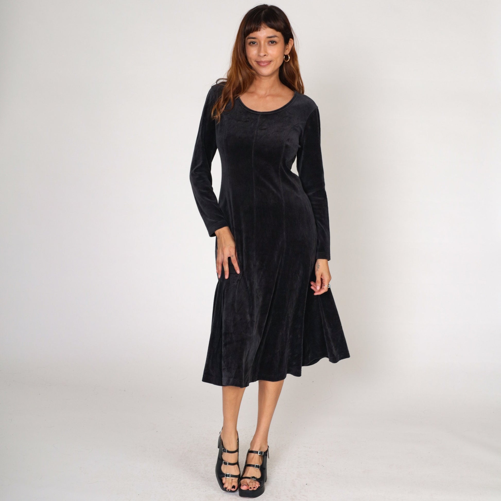 Y2K Black Velour Midi Dress Long Sleeve Princess Seam Small