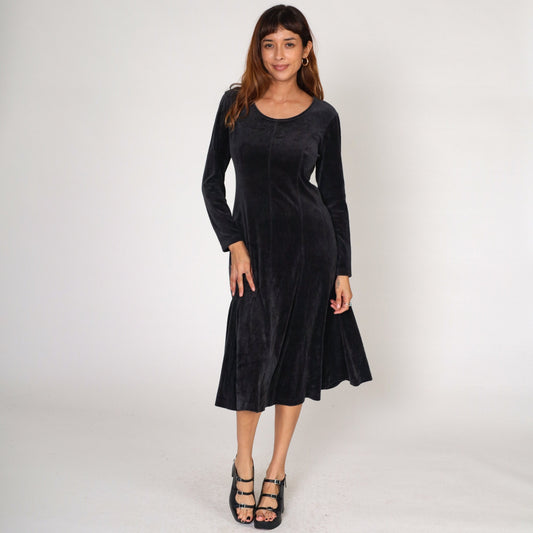 Y2K Black Velour Midi Dress Long Sleeve Princess Seam Small