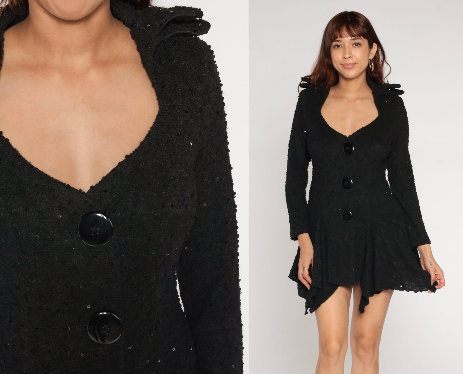 Y2K Black Sequin Knit Jacket High Low Plunge Button Up Extra Small XS