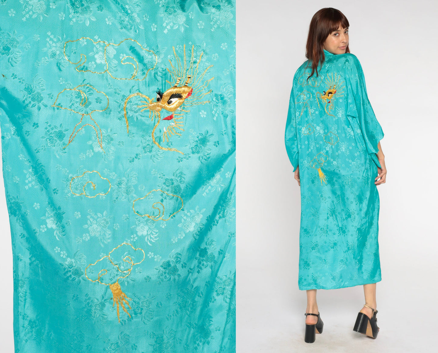 80s Dragon Embroidered Kimono Robe Turquoise Floral Maxi Small