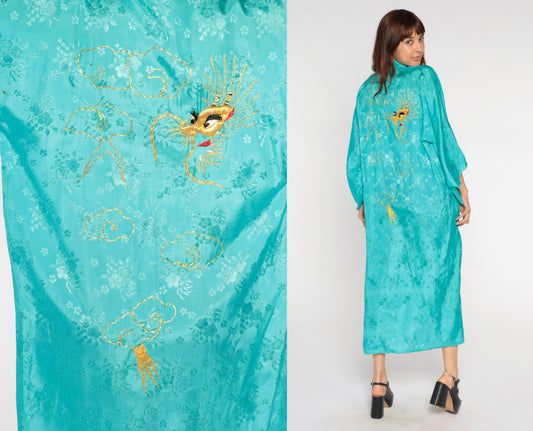 80s Dragon Embroidered Kimono Robe Turquoise Floral Maxi Small