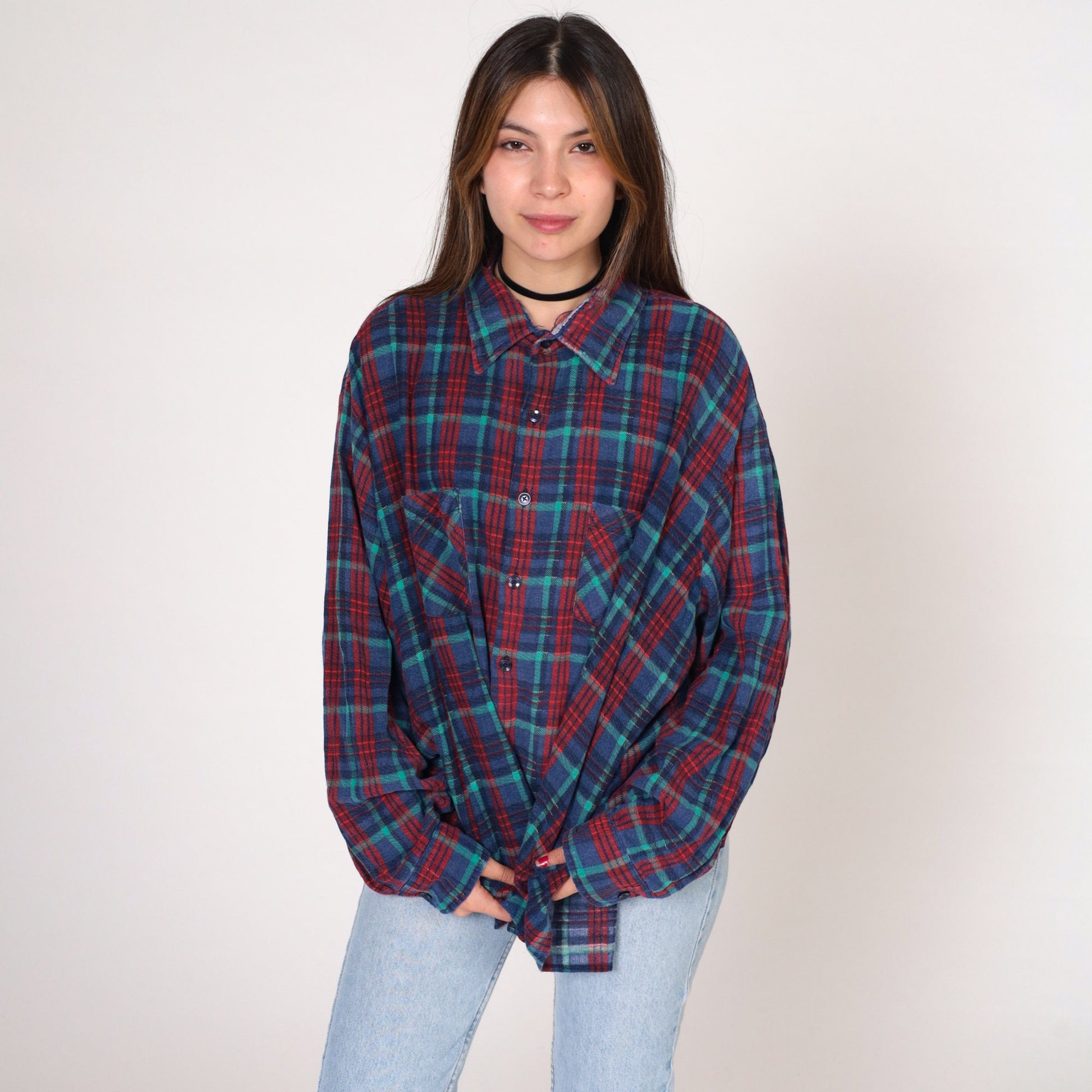 90s Saugatuck Dry Goods Flannel Shirt Blue Red Plaid Cotton Button Up Extra Extra Large XXL