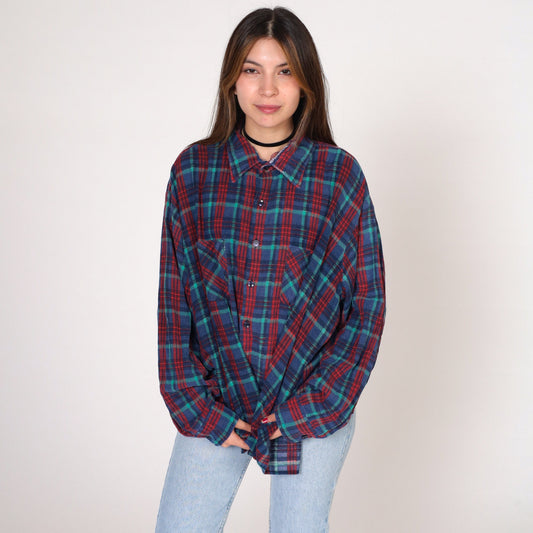 90s Saugatuck Dry Goods Flannel Shirt Blue Red Plaid Cotton Button Up Extra Extra Large XXL