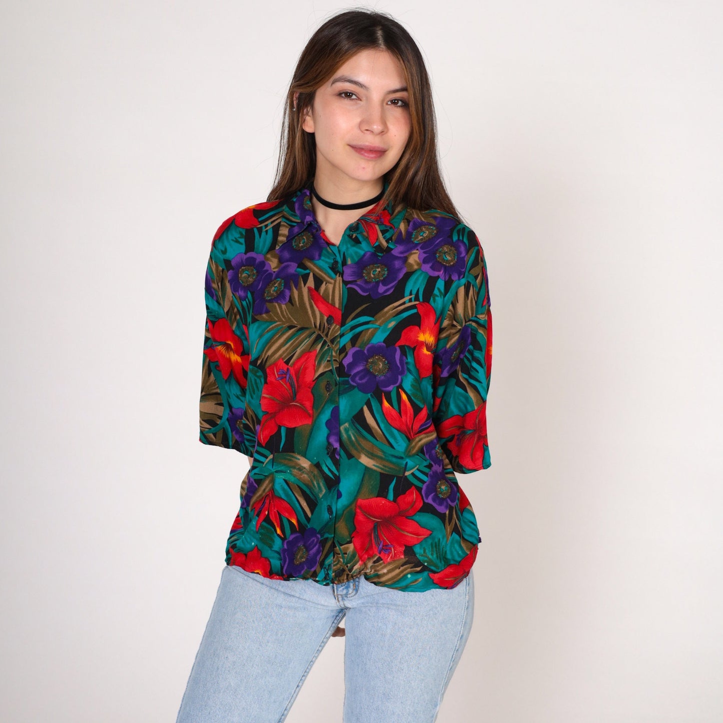 90s Avanti Tropical Floral Hibiscus Button-Up Shirt Purple Red Blue Large L