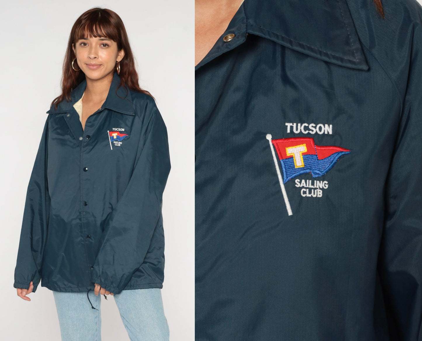 70s Tucson Sailing Club Windbreaker Navy Nylon Snap Jacket Men's Medium