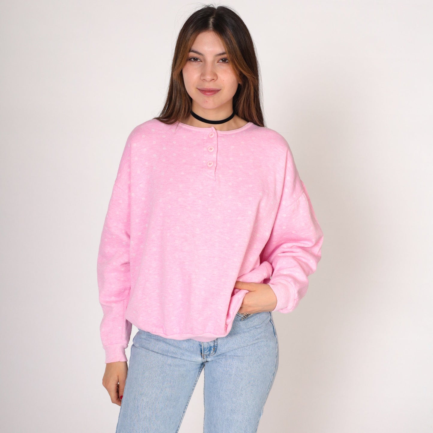 90s Polka Dot Henley Sweatshirt Pink White Quarter Button Long Sleeve Large L