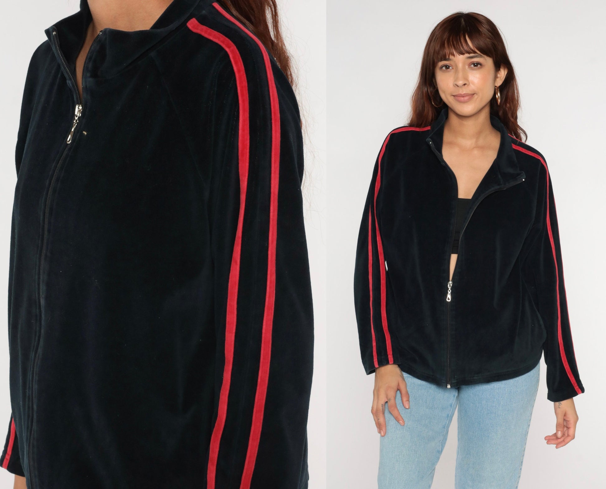 Y2K Black Velour Track Jacket Red Stripes Zip Up Medium