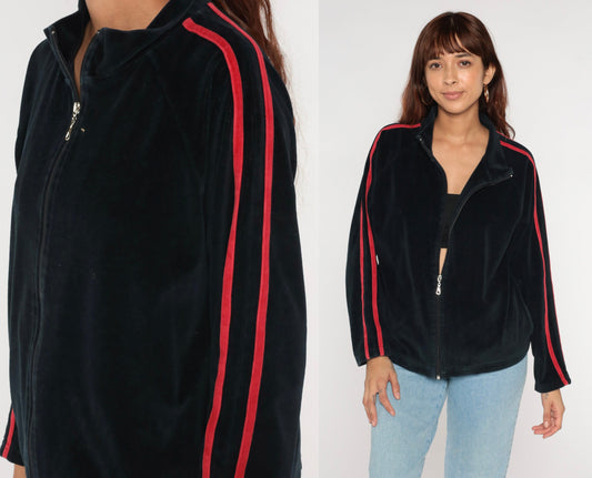 Y2K Black Velour Track Jacket Red Stripes Zip Up Medium