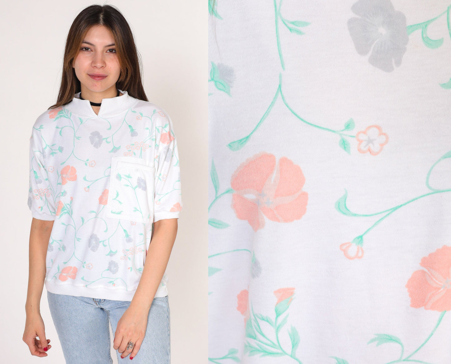 90s Floral White Shirt Chest Pocket Notched Neck Tee Small S